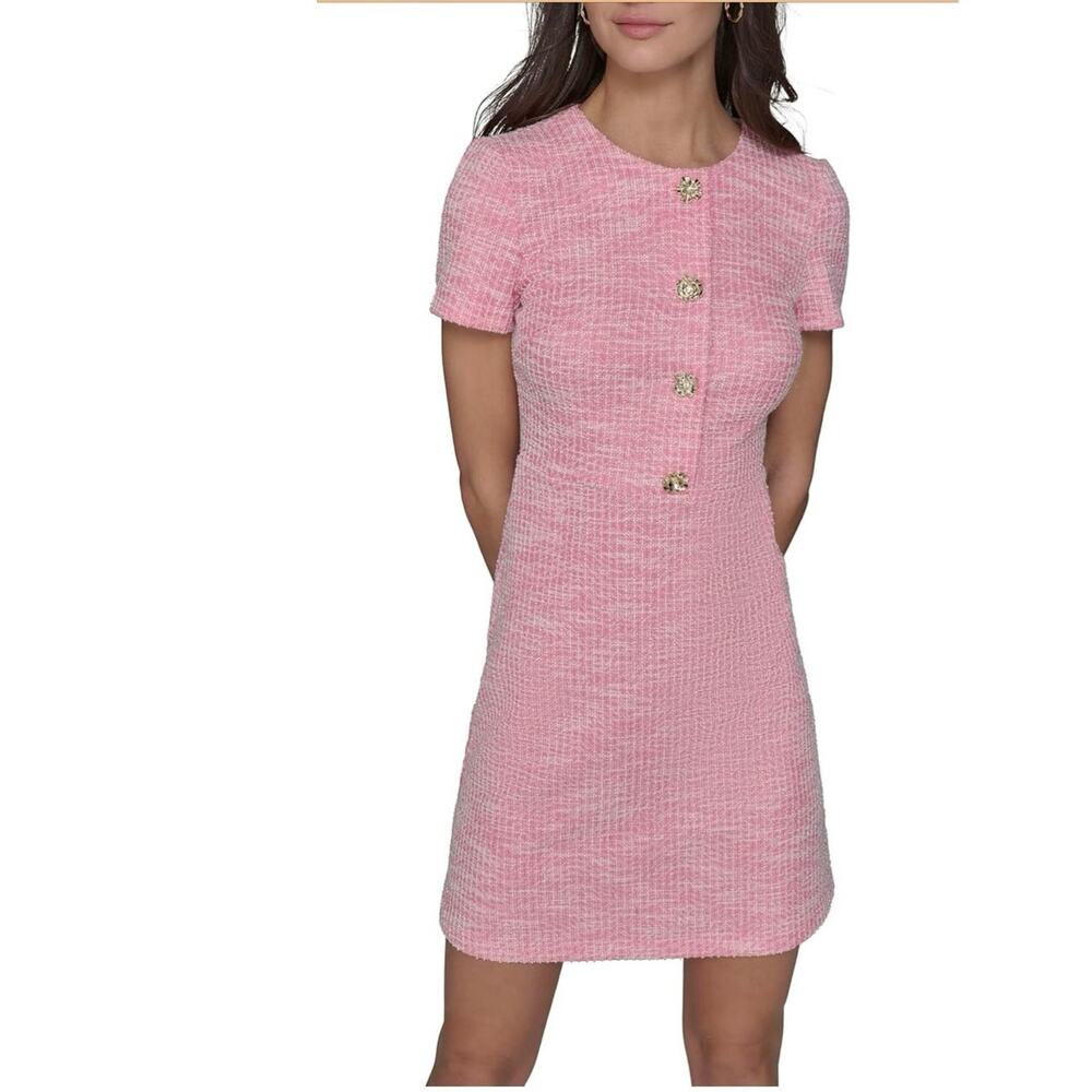 NWT Karl Lagerfeld Paris Pink Tweed Sheath Dress Gold Floral Buttons Size 14